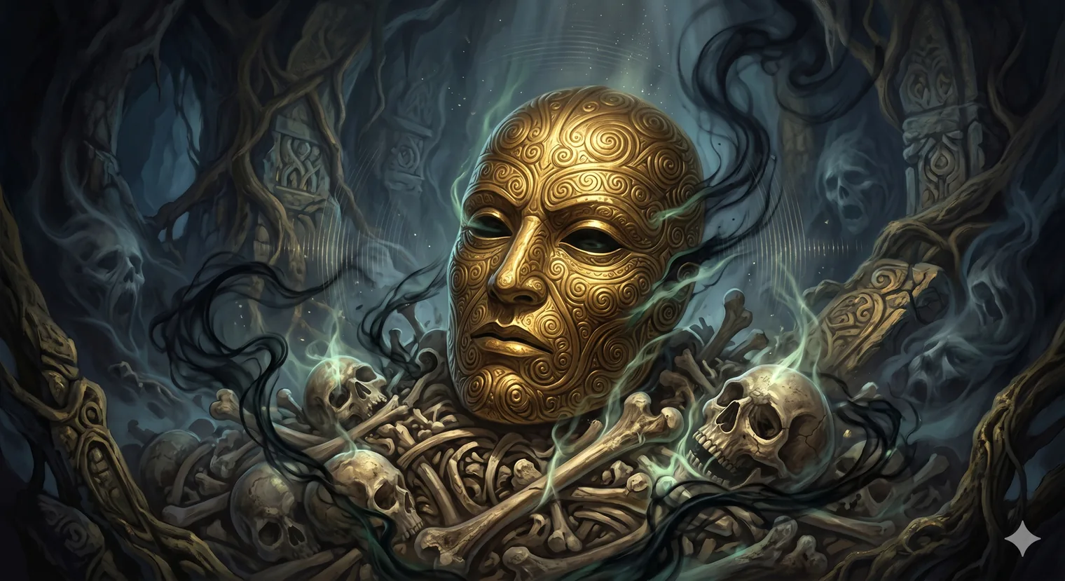The Mask — a bone-white ritual object carved with flowing dark script, molded from the face of a long-forgotten king and imbued with the Cauldron's power over death.